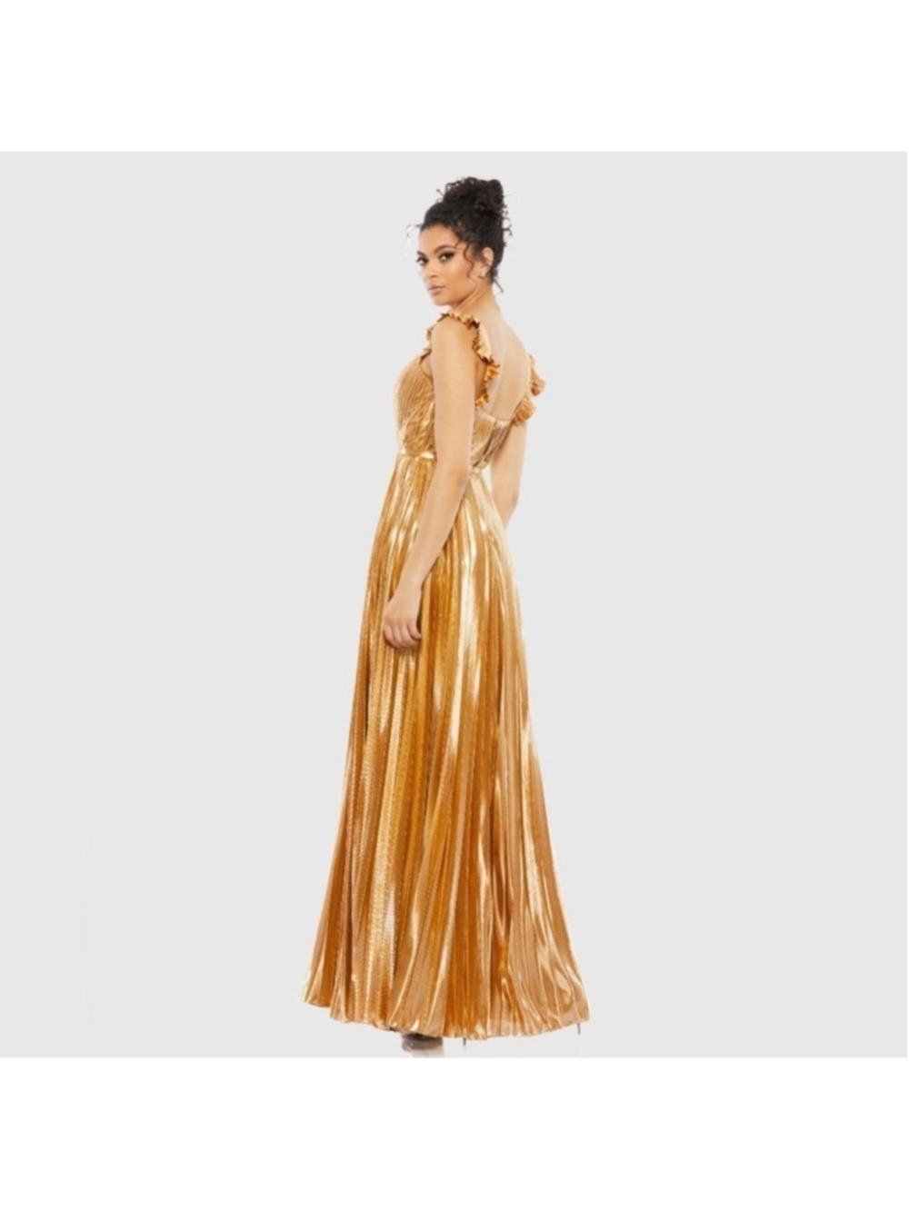 Women's Mac Duggal Gold Pleated Ruffled Maxi Dress Size 2 - Picture 2 of 11